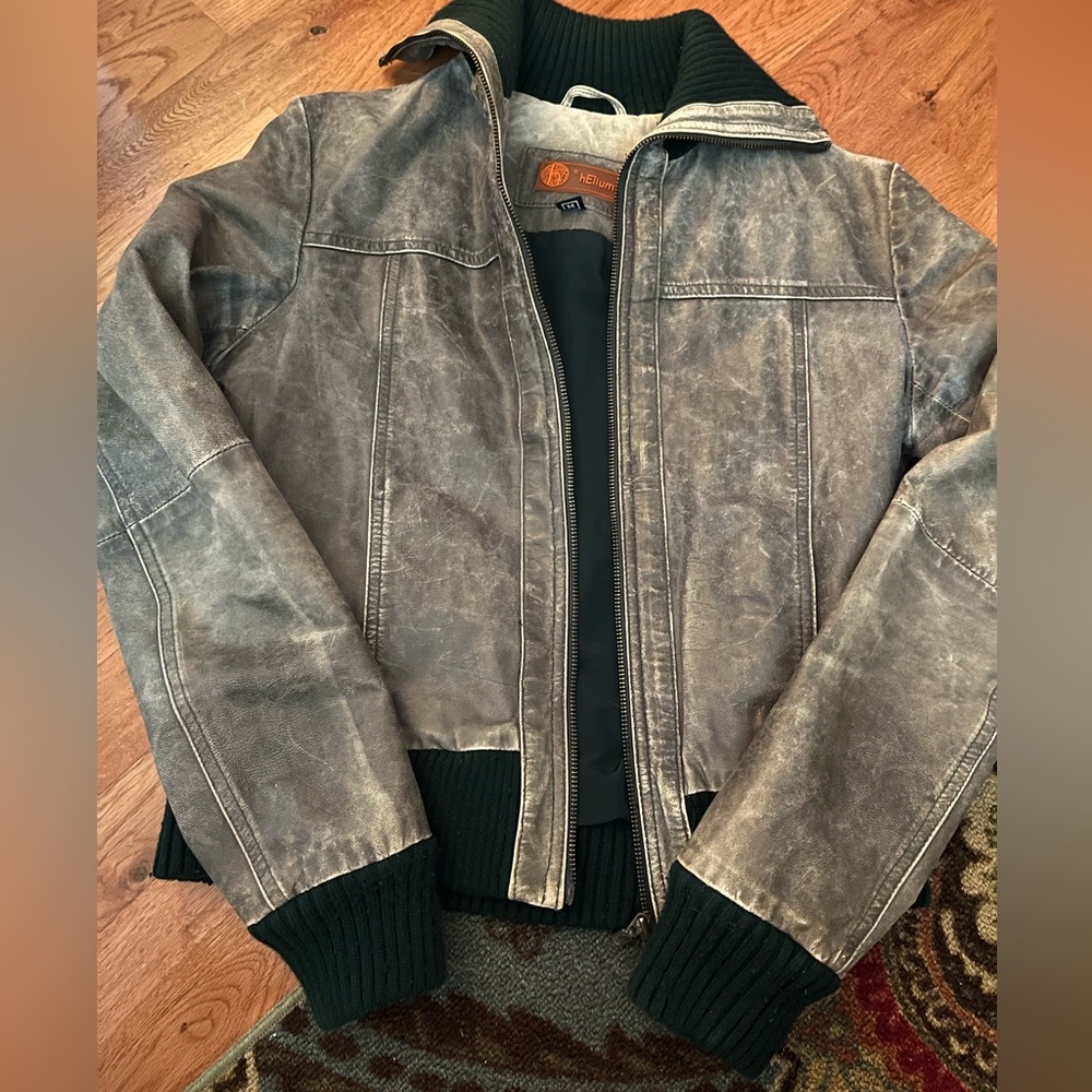 helium jacket leather material with soft wrist and neck details